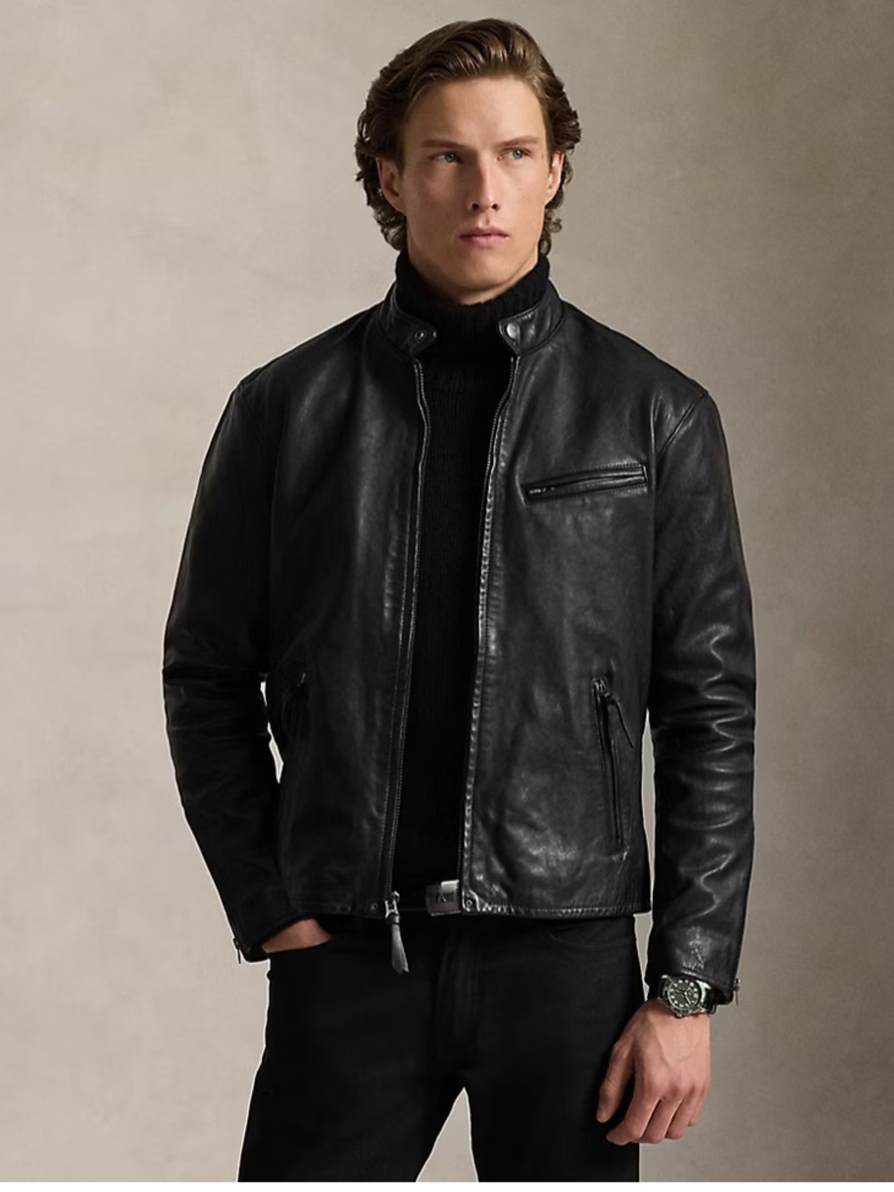 Polo Ralph Lauren Lambskin Leather Jacket Cafe Racer Jacket Black Men’s Size XL